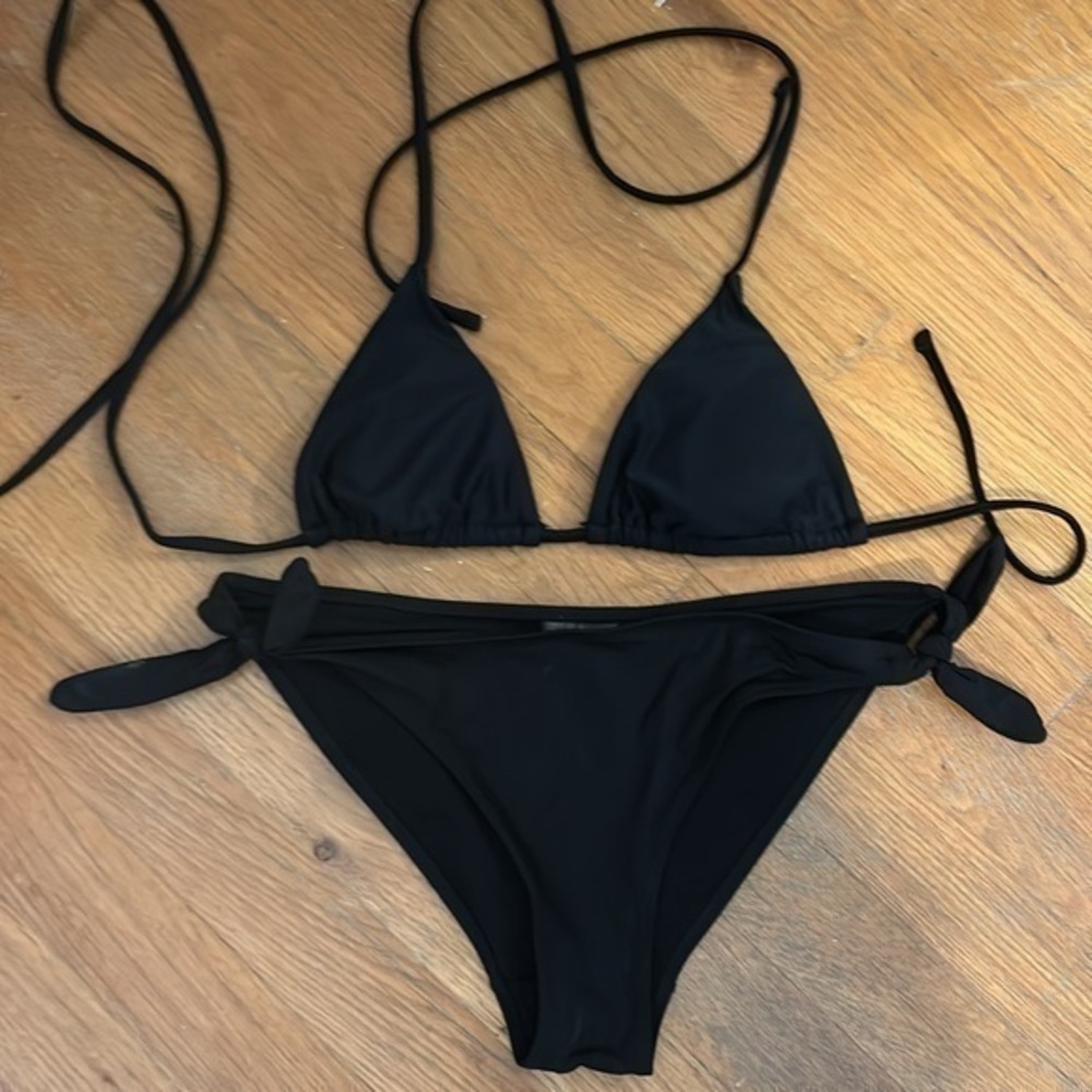 H& M black tie side cheeky bikini bottom shein padded triangle top size small